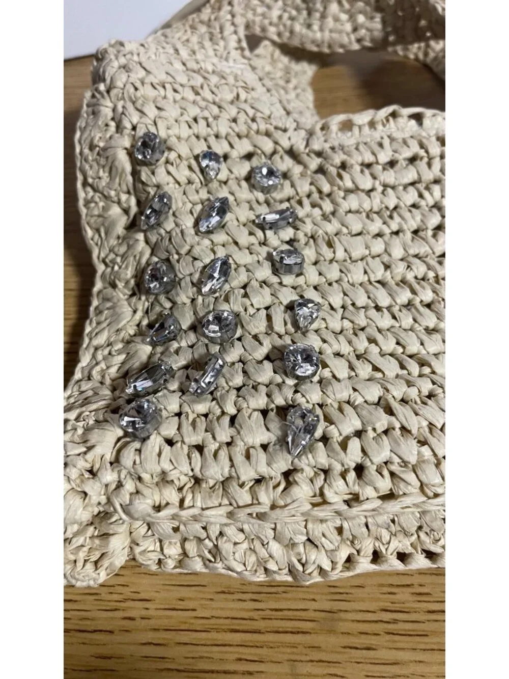 Beige Woven Straw Bag With Rhinestone Accents & Adjustable Strap Minimalist